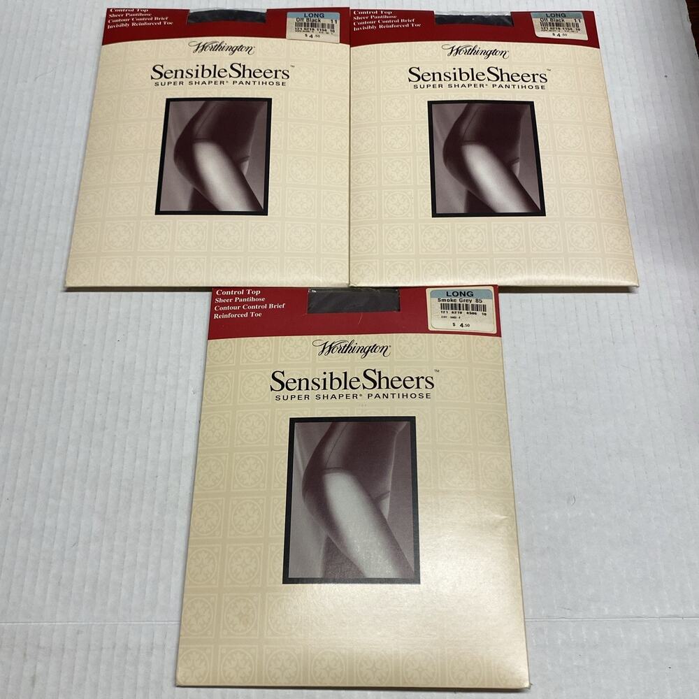 Vtg Worthington Sensible Sheers Super Shaper Pantyhose Smoke Grey & 2 Off Black